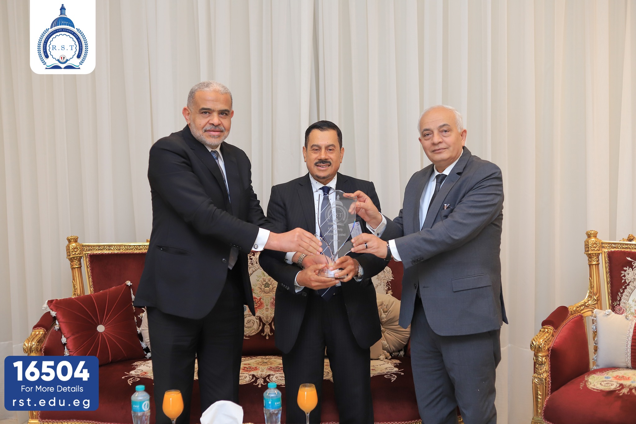 Dr. Yahia Mabrouk, Chairman of the Board of Trustees, and Prof. Dr. Reda Hegazy, President of Al-Ryada University for Science and Technology, welcomed Dr. Saleh Mohammed Al-Turki, Advisor for Scientific Research, Innovation, Business Development, and Academic Accreditation in the Kingdom of Saudi Arabia, along with his accompanying delegation.